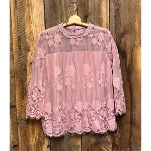 Pink Lace Sheer Mock Neck M/L Romantic Cottagecore Victorian Boho Coquette‎